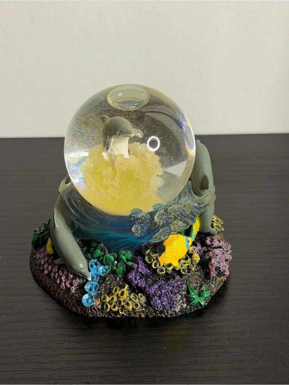 Dolphin Snow Globe with Yellow Coral Accent - Aquatic Ornament